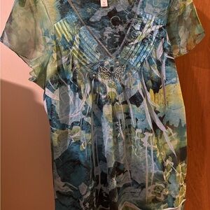 Women’s Dressbarn Green and Blue Butterfly Fairycore Blouse Size Medium